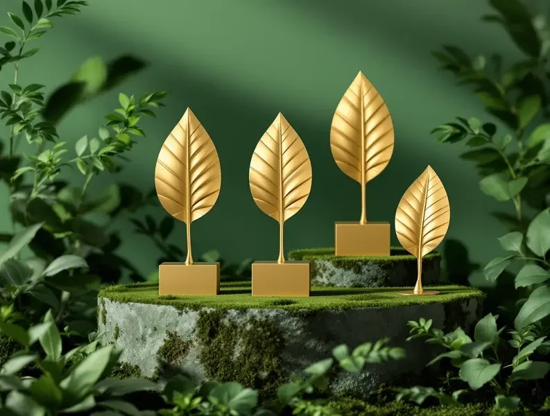匠心之作 · 金藤奖历届 - 免费电影网 匠心之作经典片单封面,苔石台座上叶片造型的金色奖杯